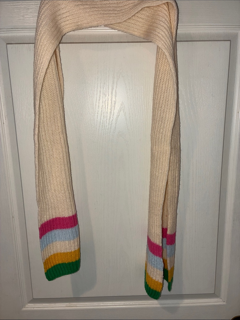 Cream Kids Knit Scarf with Rainbow Stripe Accents